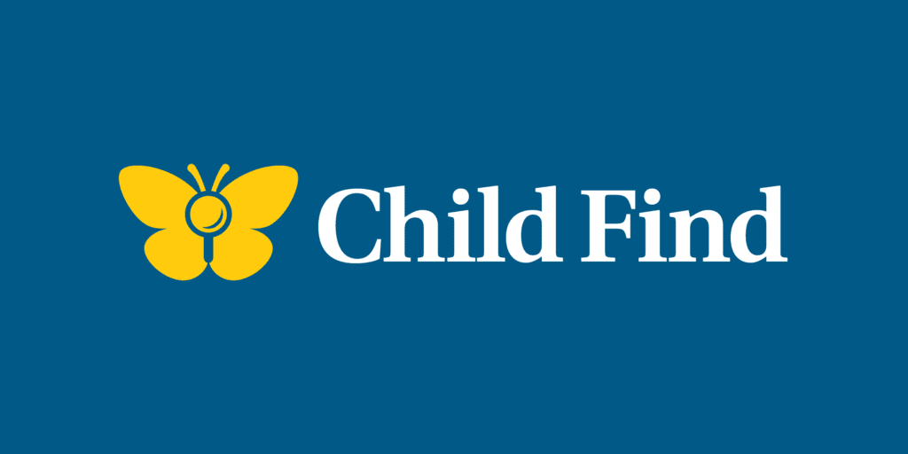 Yellow butterfly/magnifying glass Child Find mark and white Child Find logotype on blue background