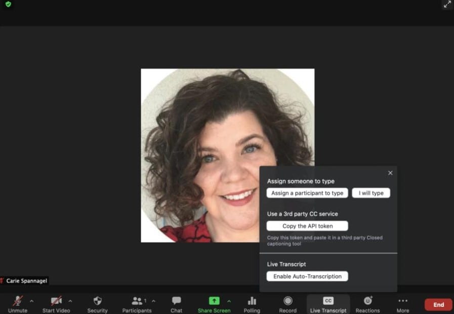 Screen capture: Presenters must “enable auto transcription” by selecting Live Transcript on the toolbar.